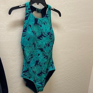 Lands' End Blue and Green Tropical One Piece Swimsuit